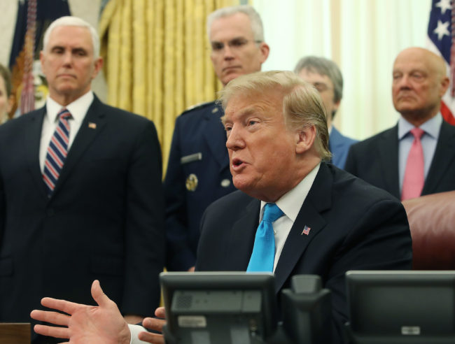 US President Donald Trump speaks to the media before signing the Space Policy Directive 4, during a ceremony in the Oval Office on February 19, 2019 in Washington, DC.