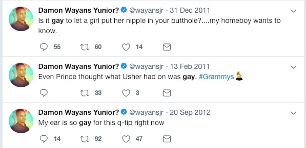 Tweets using gay as a derogatory terms written by Damon Wayans Jr. over the years.