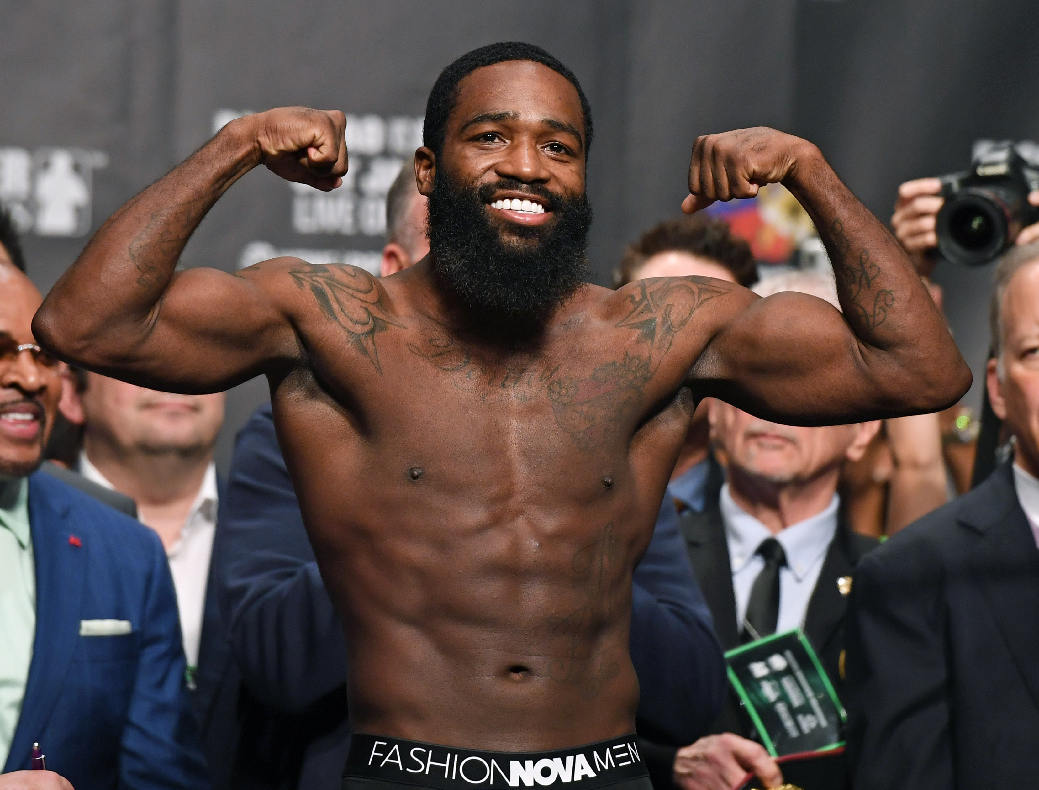 Adrien Broner poses on the scale during his official weigh-in at MGM Grand Garden Arena on January 18, 2019 in Las Vegas, Nevada. 