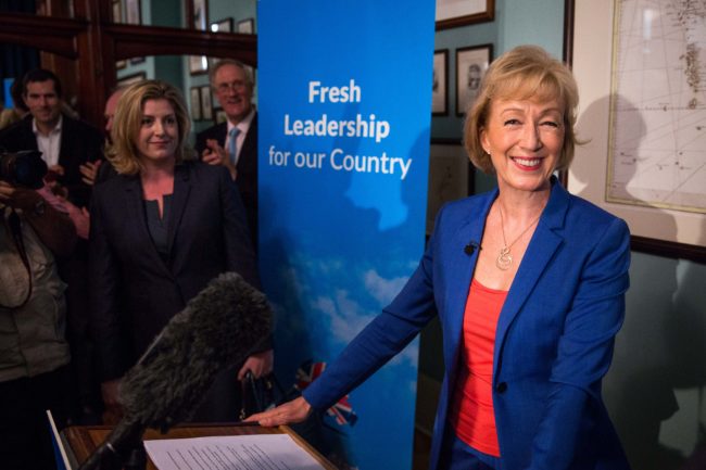 Andrea Leadsom, Member of Parliament for South Northamptonshire and Minister of State at Department of Energy and Climate Change, launches her bid to be the Leader of the Conservative Party at The Cinnamon Club in Westminster on July 4, 2016 in London, England.
