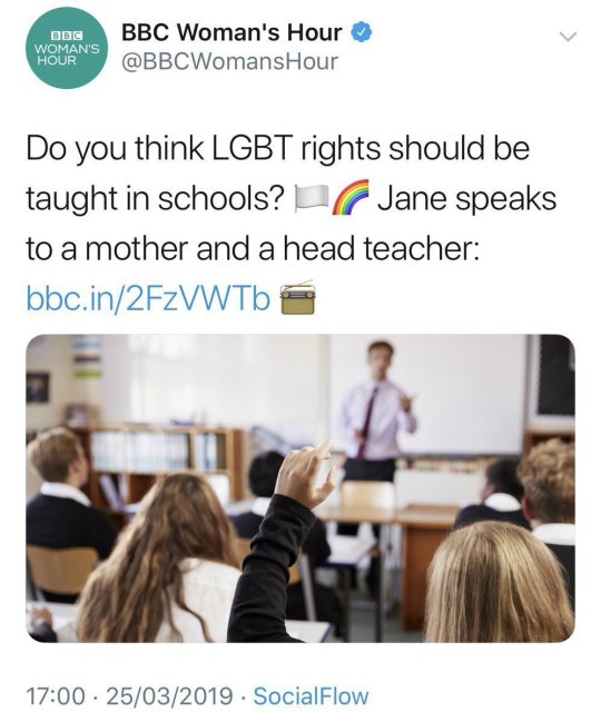 BBC Woman's Hour tweet asking if LGBT+ rights should be taught in schools