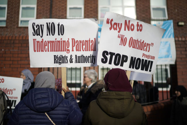 Parents and protestors demonstrate against 'No Outsiders,' an LGBT-inclusive education.