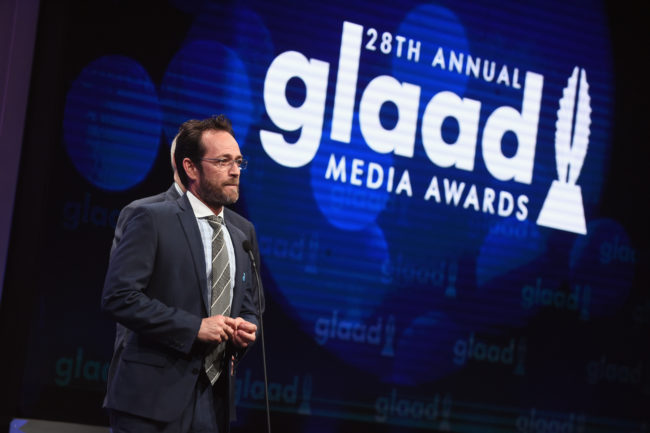 Actor Luke Perry speaks onstage during the 28th Annual GLAAD Media Awards.