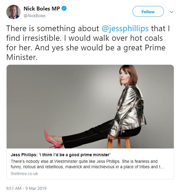Tory MP Nick Boles was attacked over the tweet in support of Labour's Jess Phillips