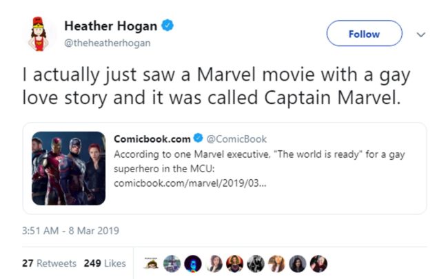 A tweet about how the film Captain Marvel contains a same-sex relationship.