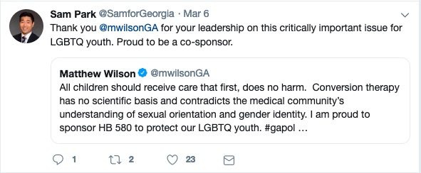 Georgia representative Sam Park  congratulates representative Matthew Wilson for presenting a bill protecting LGBT youth from conversion therapy.