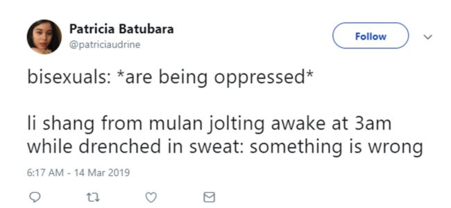 A tweet about Li Shang, a Mulan character, which plays with the "lesbian: is being oppressed" meme.