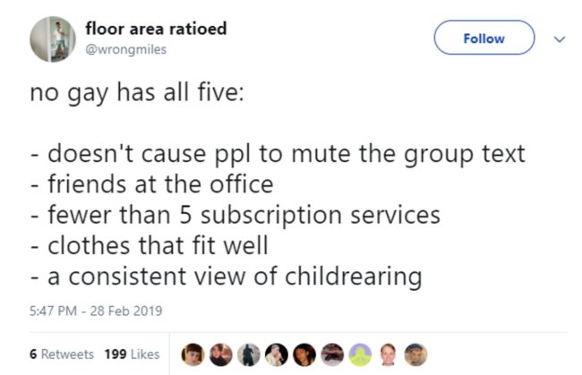 A tweet using the "no gay has all five" meme format.