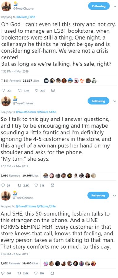 Tweets which went viral by a Chicago man who ran an LGBT+ bookshop.