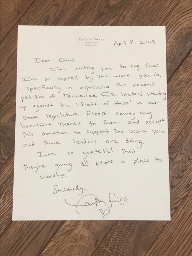 A letter signed by singer Taylor Swift accompanying the donation to the Tennessee Equality Project to fight the 'slate of hate' legislations discriminating against LGBT rights.