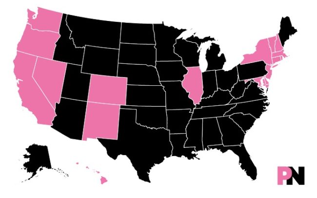 U.S. states that have banned gay cure therapy: Connecticut, California,, Delaware, Massachusetts, Nevada, New Jersey, Oregon, Illinois, Vermont, New York, New Mexico, Rhode Island, Washington, Maryland, Hawaii, New Hampshire and the District of Columbia. A ban is pending in Colorado. (coloured in pink)
