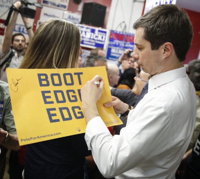 Democratic presidential candidate Pete Buttigieg signs autographs as he greets supporters after speaking at the West Side Democratic Club during a Dyngus Day celebration event on Monday, April 22, 2019 in South Bend, Indiana. 