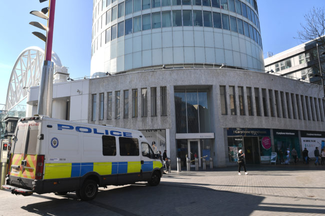 A police van is seen outside the Rotunda building in Birmingham.