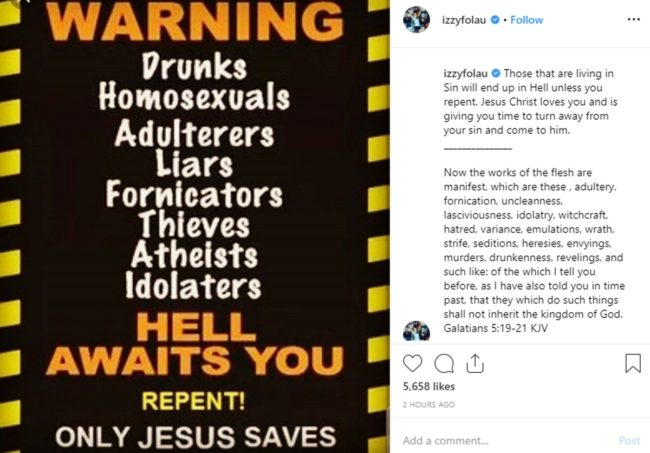 An Instagram post from Israel Folau reading "Warning; Drunks, homosexuals, adulterers, liars, fornicators, thieves, atheists, idolaters, hell awaits you