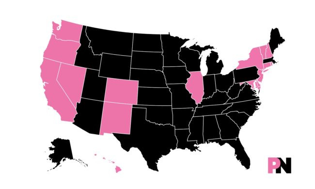 Coloured in pink, the U.S. states that have banned gay cure therapy: Connecticut, California, Colorado, Delaware, Nevada, New Jersey, Oregon, Illinois, Vermont, New York, New Mexico, Rhode Island, Washington, Maryland, Hawaii, New Hampshire and the District of Columbia.