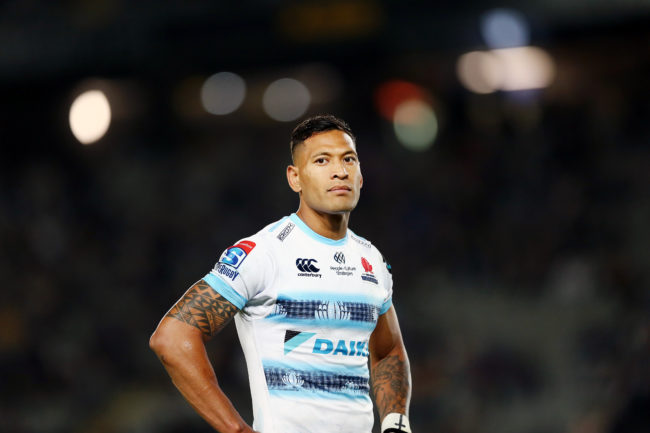 Irael Folau of the Waratahs looks on during the round 8 Super Rugby match between the Blues and Waratahs at Eden Park on April 06, 2019 in Auckland, New Zealand.
