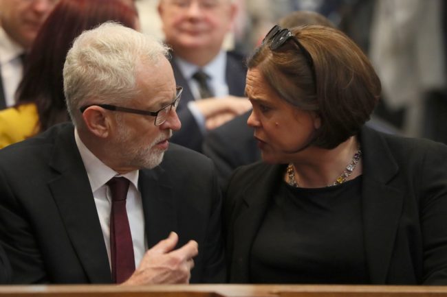 Jeremy Corbyn and Irish Republican Sinn Fein party leader Mary Lou McDonald attend the funeral service of journalist Lyra McKee.
