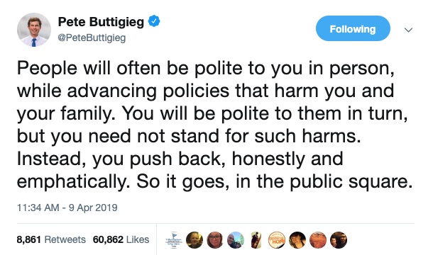 A Tweet showing Pete Buttigieg addressing Karen Pence's claim that he is using Mike Pence for notoriety.