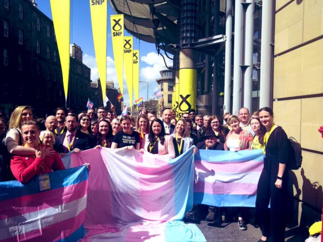 SNP members showed their solidarity for the trans community at the SNP 19 conference. (Twitter/@stewartMcDonald)