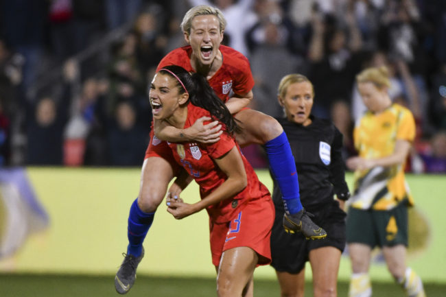 Megan Rapinoe openly gay soccer player celebrates goal against Australia