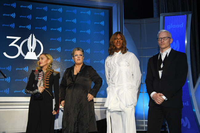 Madonna, Rosie O'Donnell, Mykki Blanco and Anderson Cooper speak onstage during the 30th Annual GLAAD Media Awards New York at New York Hilton Midtown on May 04, 2019 in New York City.