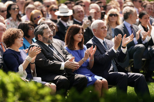 US Vice President Mike Pence and Karen Pence participate in a National Day of Prayer service in the Rose Garden at the White House May 02, 2019 in Washington, DC. 