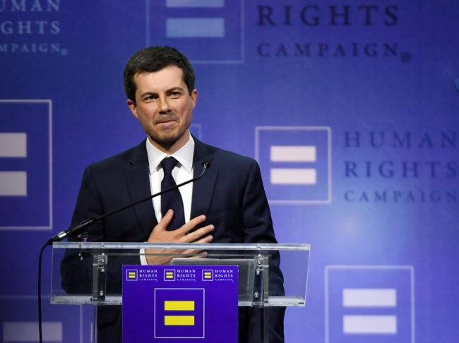  South Bend, Indiana Mayor Pete Buttigieg reacts to the crowd after delivering a keynote address at the Human Rights Campaign's (HRC) 14th annual Las Vegas Gala at Caesars Palace on May 11, 2019 in Las Vegas, Nevada.
