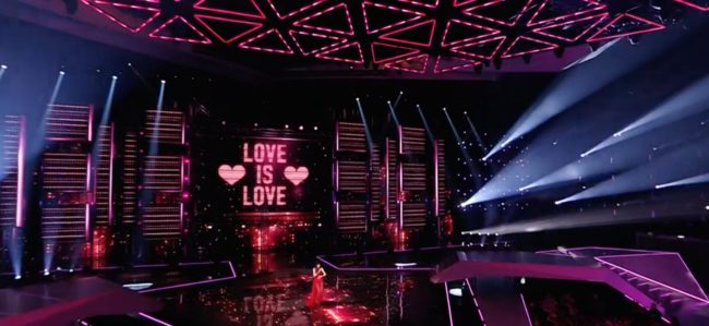 Former Eurovision winner Dana International shows pro-LGBT message during her performance.
