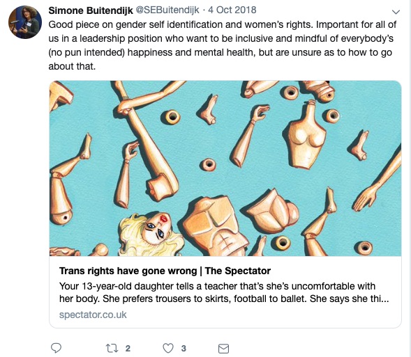 Imperial College London Vice-Provost Simone Buitendijk wrote a tweet describing an article titled "trans rights have gone wrong" as a "good piece."