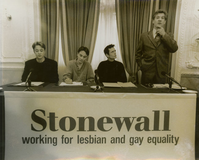 Sir Ian McKellen speaking at an early Stonewall press conference. 