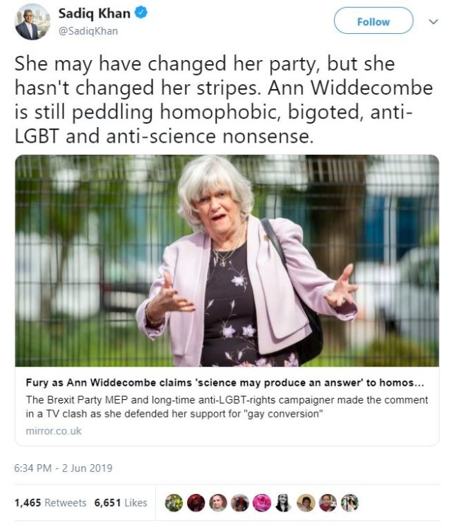 Mayor of London Sadiq Khan called out Ann Widdecombe's anti-LGBT comments