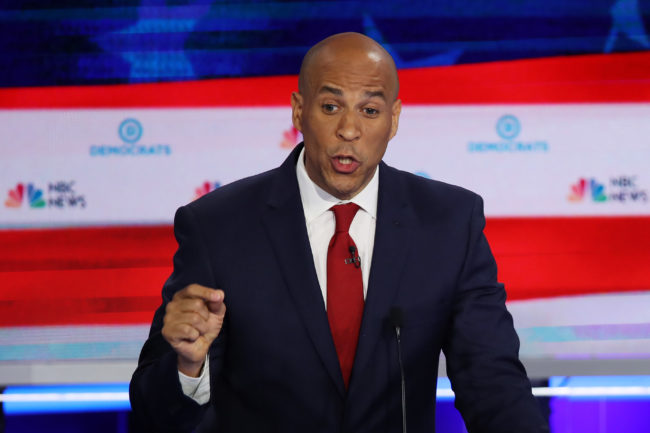 Senator Cory Booker speaks during the first night of the Democrats presidential debate on June 26, 2019 in Miami, Florida. 